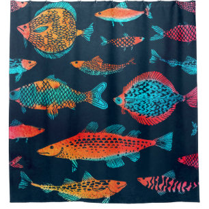 Watercolor Fishes: Deep Blue Seamless Shower Curtain