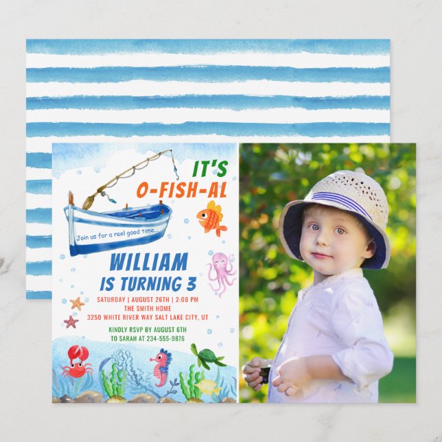 Watercolor Fishing Birthday Beach Party Photo Invitation (Front/Back)