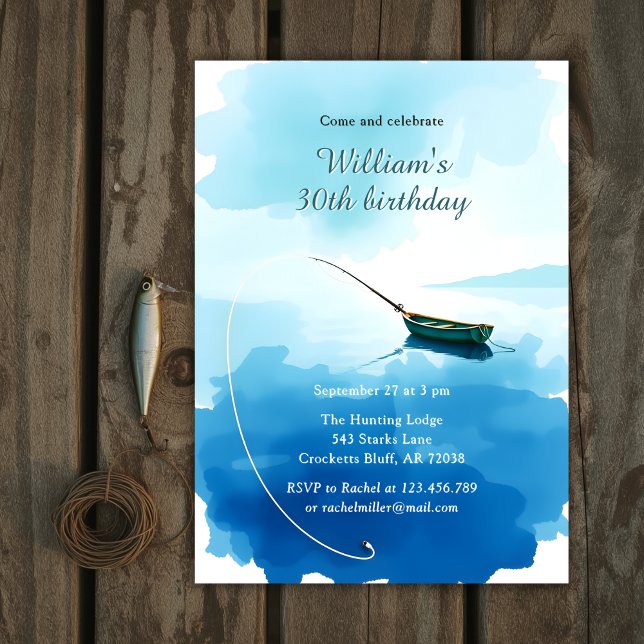 Watercolor Fishing Boat 30th Birthday Party Invitation (Fishing Boat Birthday Invitation for Men – Watercolor 30th Birthday Party Invite)