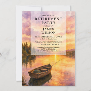 Watercolor Fishing Boat Lake Retirement Party Invitation