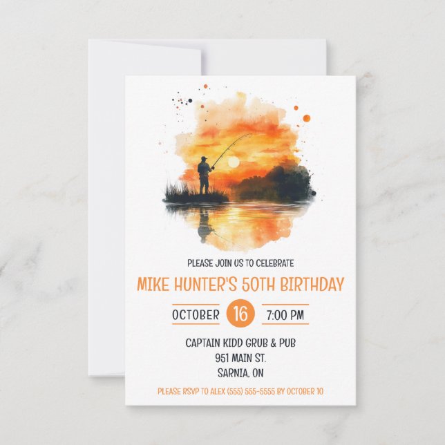 Watercolor Fishing, Mountains, Lake Birthday Party Invitation (Front)