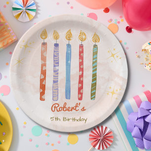 watercolor Five Candles Kids Birthday Paper Plate