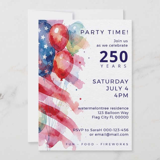 Watercolor Flag 250 4th of July Party Invitation (Front)