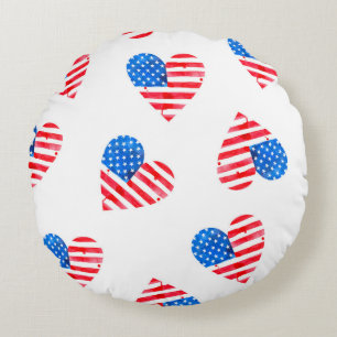 Watercolor flag of America in the shape of hearts Round Cushion
