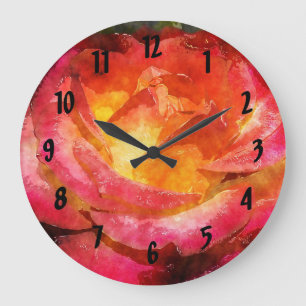 Watercolor Flaming Red Rose Large Clock