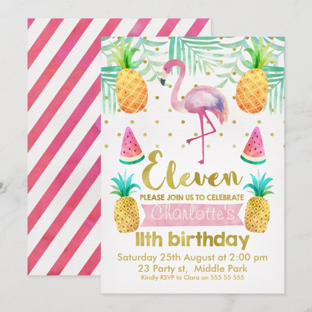 Watercolor Flamingo 11th Birthday Invitation (Front/Back)