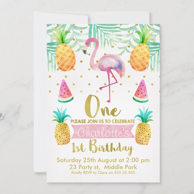 Watercolor Flamingo 1st Birthday Invitation (Front)