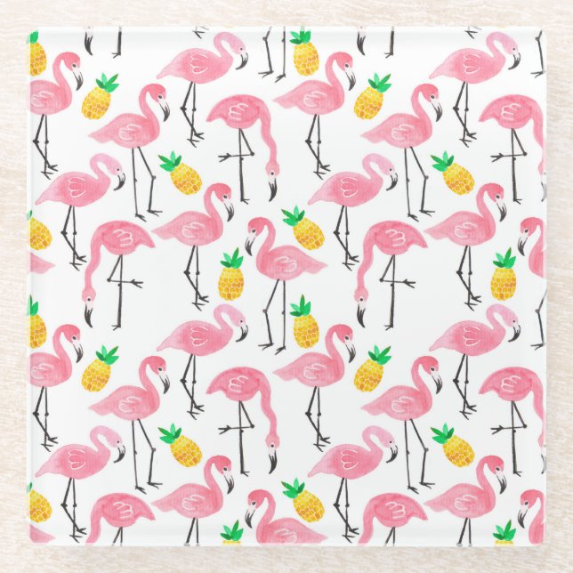 Watercolor Flamingo and Pineapple: Tropical Set. Glass Coaster (Front)