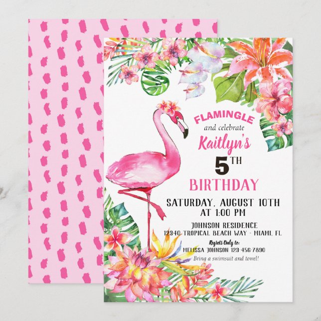 Watercolor Flamingo and Tropical Floral Birthday Invitation (Front/Back)
