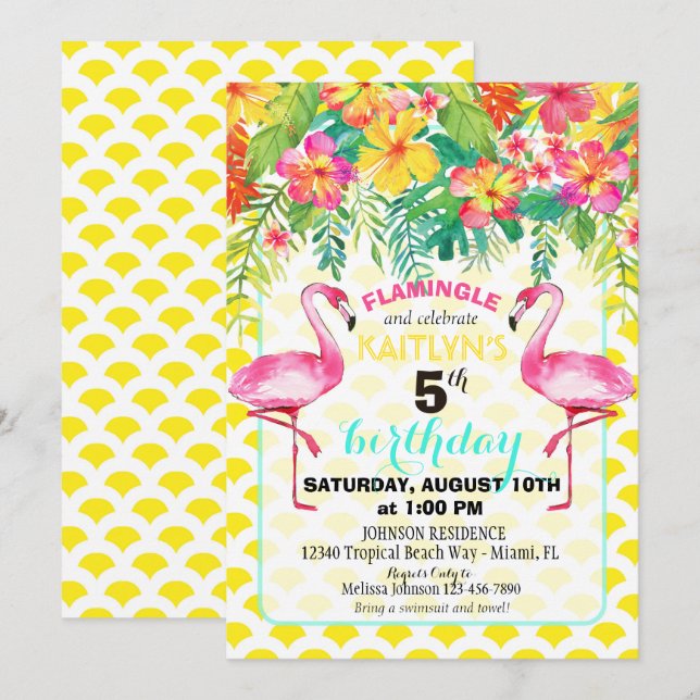 Watercolor Flamingo and Tropical Floral Birthday Invitation (Front/Back)