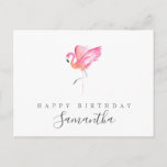 Watercolor Flamingo Birthday Greeting Postcard<br><div class="desc">A watercolor Birthday greeting postcard sending love and wishes from a far! This simple design features my original hand painted watercolor pink flamingo with "Happy Birthday" in a modern typography and the recipient's name in hand lettered script typography. Use the template fields to add your custom information and personalised greeting....</div>