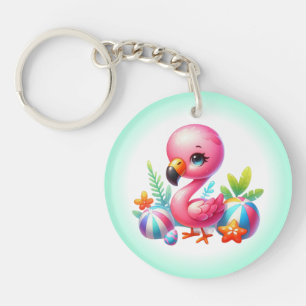 Watercolor Flamingo Cartoon Clipart  Key Ring