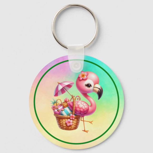 Watercolor Flamingo Cartoon Clipart Key Ring (Front)