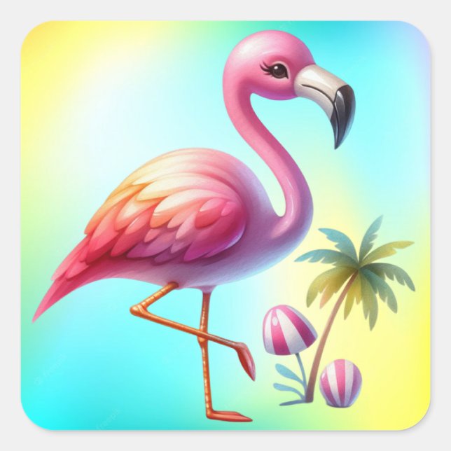 Watercolor Flamingo Cartoon Clipart Square Sticker (Front)