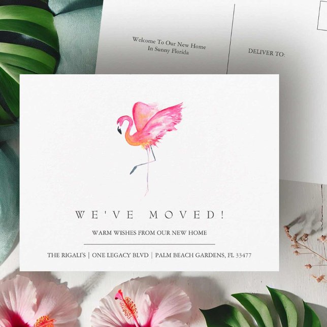 Watercolor Flamingo Change of Address Postcards (Change of address postcards Florida watercolor pink flamingo art Victoria Grigaliunas DoTellABelle)