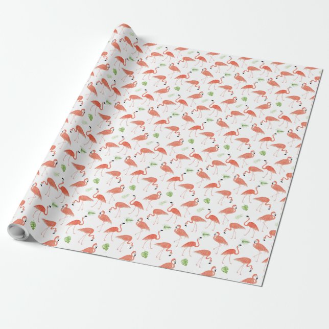 Watercolor Flamingo Custom Linen Wrapping Paper (Unrolled)