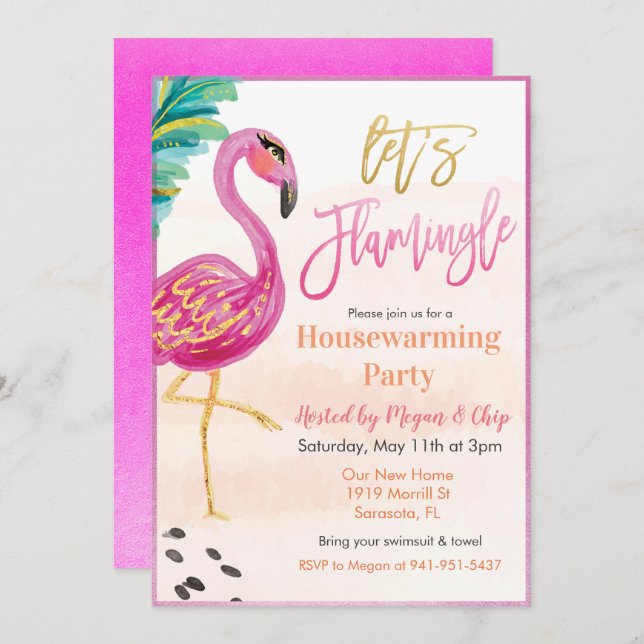 Watercolor Flamingo Housewarming Party Invitation (Front/Back)