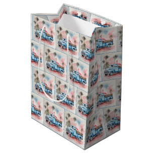 Watercolor Flamingo In Blue Retro Truck Medium Gift Bag
