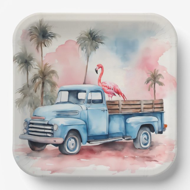 Watercolor Flamingo In Retro Blue Truck Paper Plate (Front)