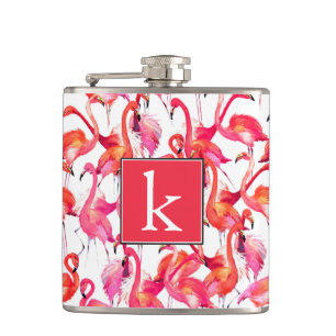 Watercolor Flamingo In Watercolors   Add Your Name Hip Flask