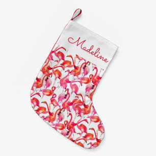 Watercolor Flamingo In Watercolors   Add Your Name Small Christmas Stocking