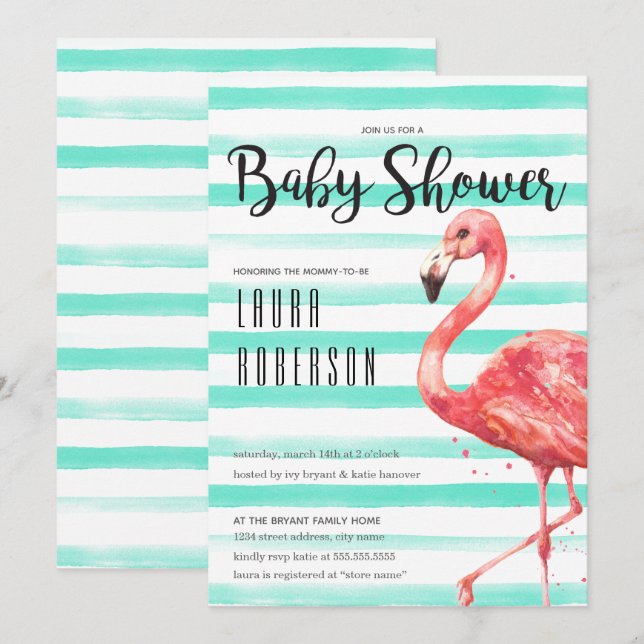 Watercolor Flamingo Mint Stripes | Baby Shower Invitation (Front/Back)