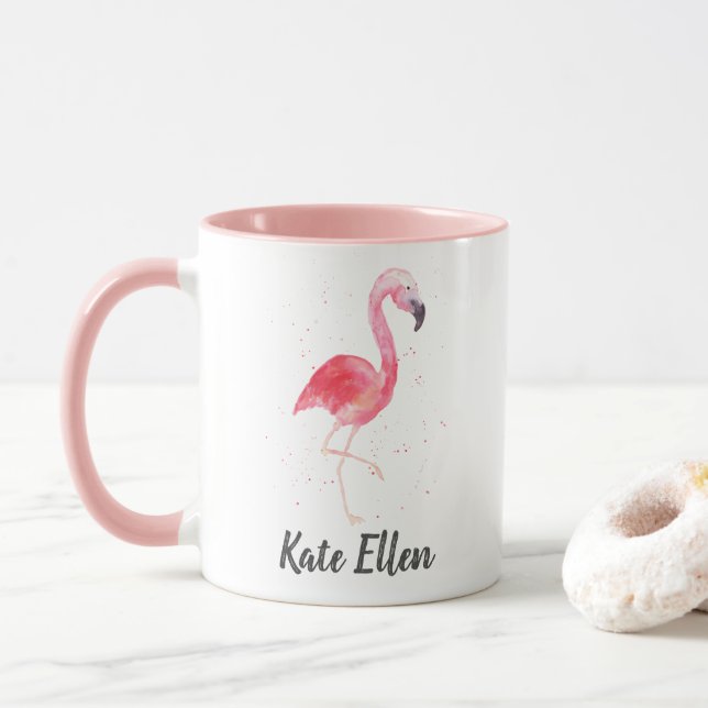 Watercolor Flamingo Mug Custom Name (With Donut)