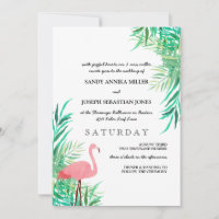 Watercolor Flamingo & Palm Leaves Tropical Wedding