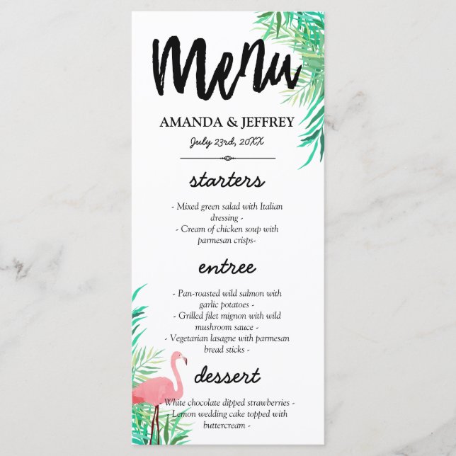 Watercolor Flamingo & Palm Leaves Wedding Menu (Front)