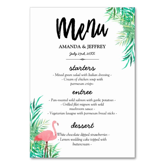 Watercolor Flamingo & Palm Leaves Wedding Menu Table Number (Front)