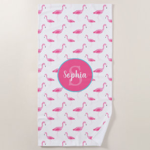 Watercolor Flamingo Pattern Personalised Monogram Beach Towel