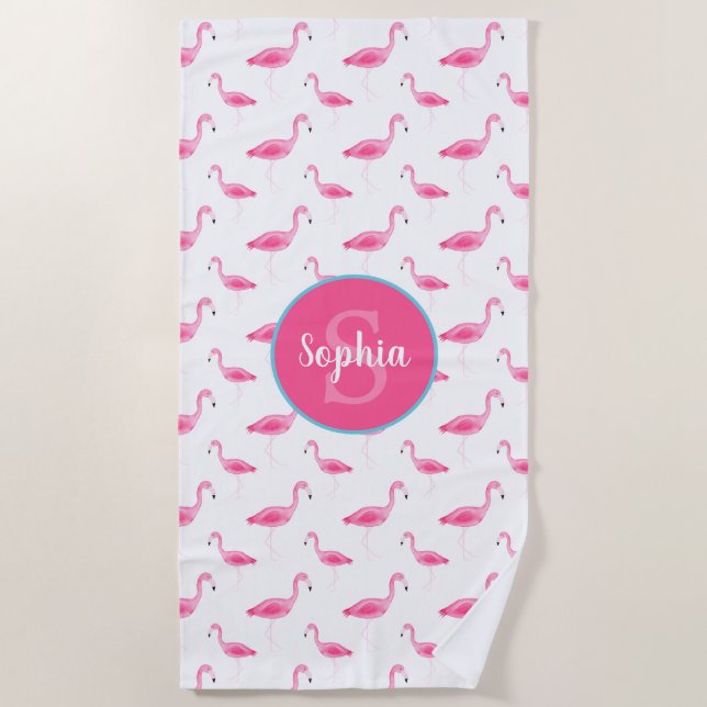 Watercolor Flamingo Pattern Personalised Monogram Beach Towel (Front)