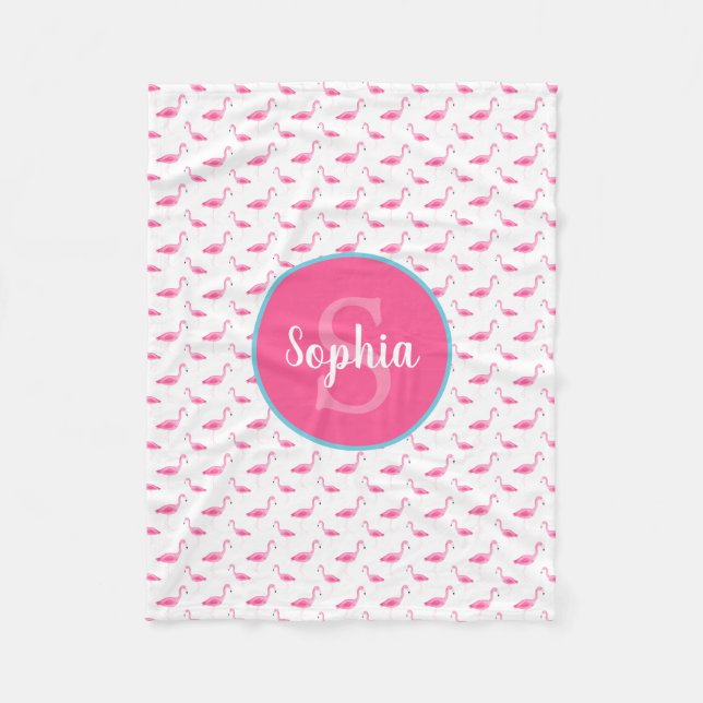 Watercolor Flamingo Pattern Personalised Monogram Fleece Blanket (Front)