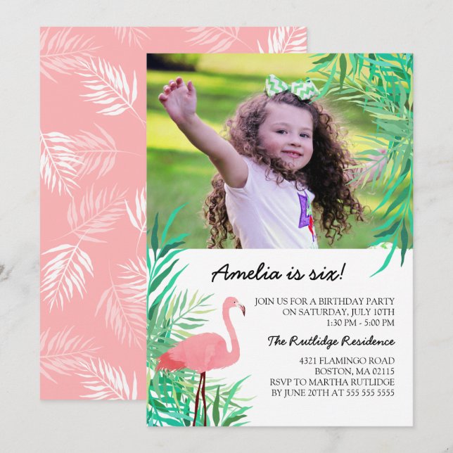 Watercolor Flamingo Photo Birthday Party Invitation (Front/Back)