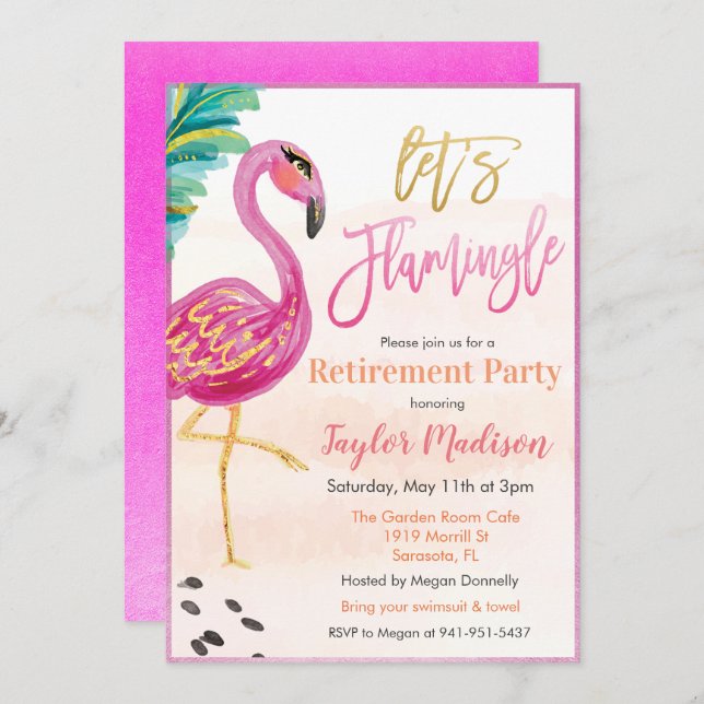 Watercolor Flamingo Retirement Party Invitation (Front/Back)