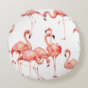 Watercolor flamingo seamless pattern. Hand painted Round Cushion