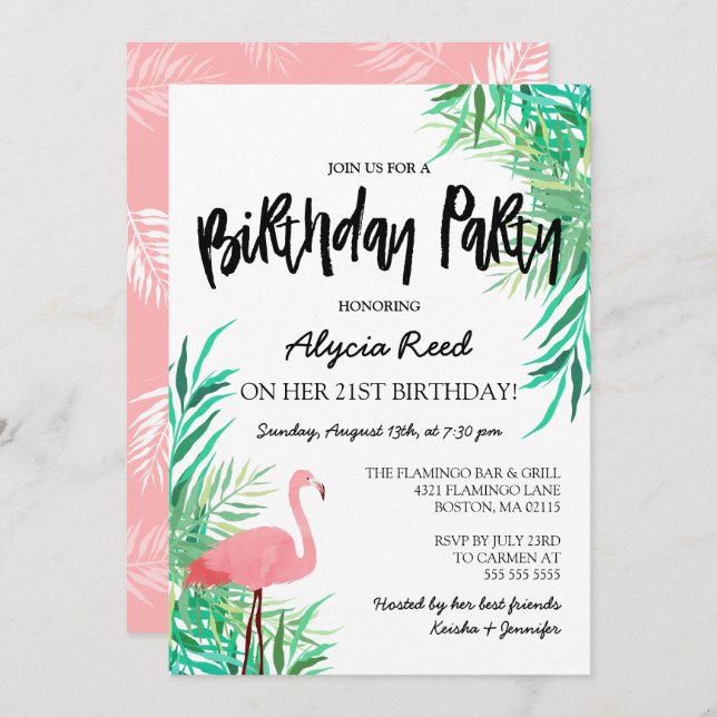 Watercolor Flamingo Tropical Birthday Party Invitation (Front/Back)