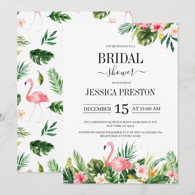 Watercolor Flamingo Tropical Floral Bridal Shower Invitation (Front/Back)
