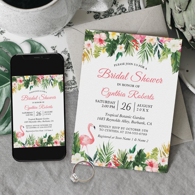 Watercolor Flamingo Tropical Floral Bridal Shower Invitation (Creator Uploaded)