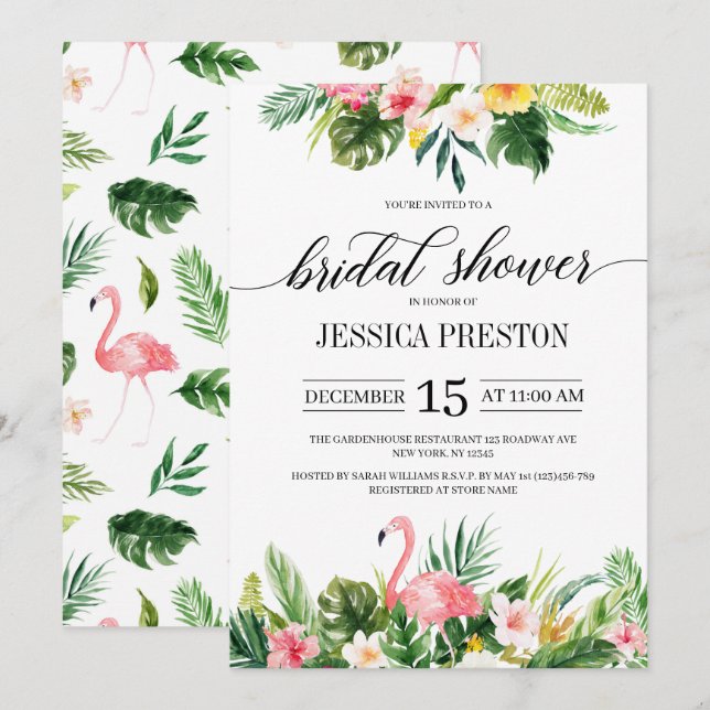 Watercolor Flamingo Tropical Floral Bridal Shower Invitation (Front/Back)