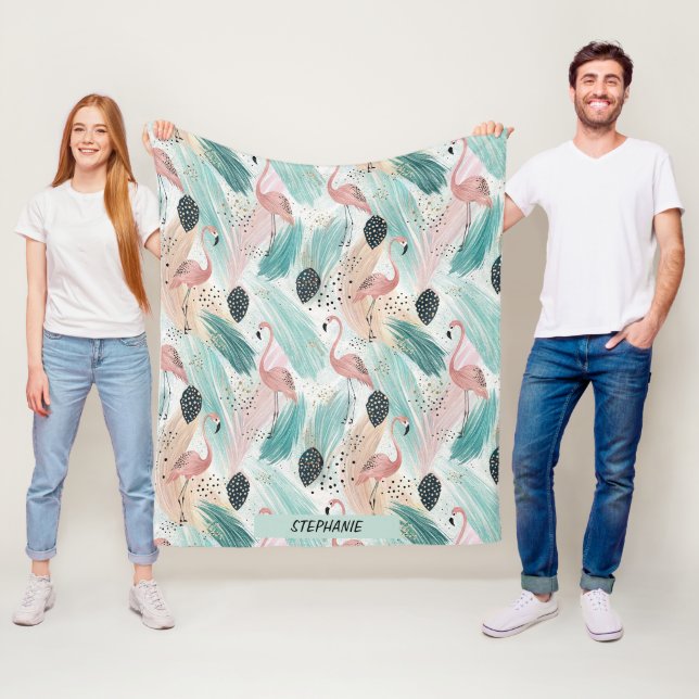 Watercolor Flamingo Tropical Pattern Fleece Blanket (In Situ)