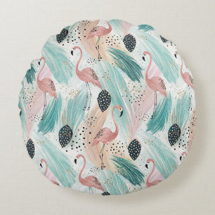 Watercolor Flamingo Tropical Pattern Round Cushion