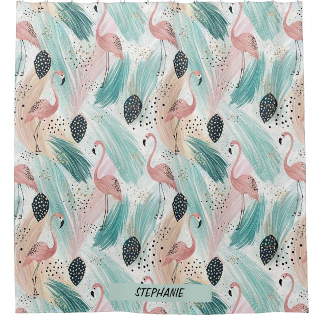 Watercolor Flamingo Tropical Pattern Shower Curtain (Front)