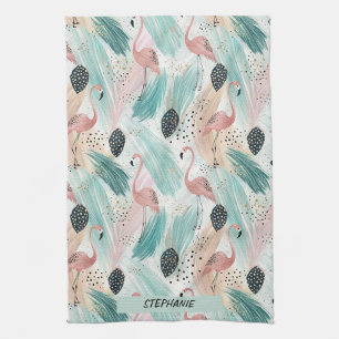 Watercolor Flamingo Tropical Pattern Tea Towel