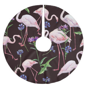 Watercolor flamingos and wild flowers pattern. brushed polyester tree skirt