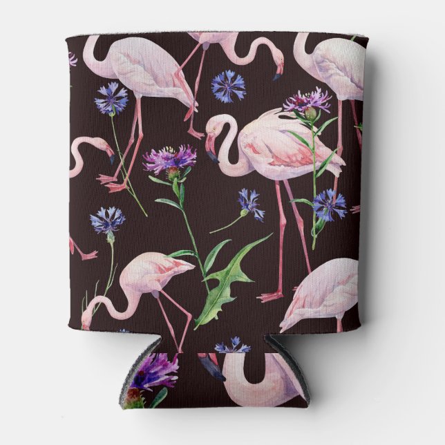 Watercolor flamingos and wild flowers pattern. can cooler (Front)