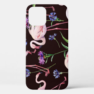 Watercolor flamingos and wild flowers pattern. iPhone 12 case