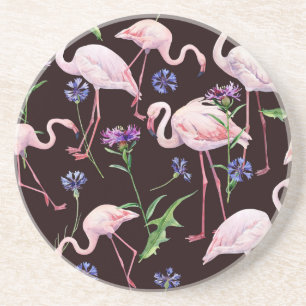 Watercolor flamingos and wild flowers pattern. coaster