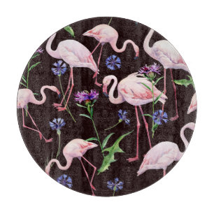 Watercolor flamingos and wild flowers pattern. cutting board