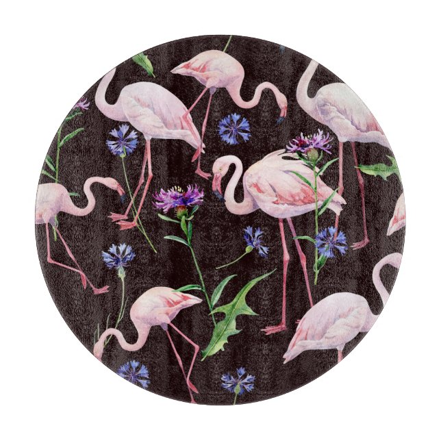 Watercolor flamingos and wild flowers pattern. cutting board (Front)
